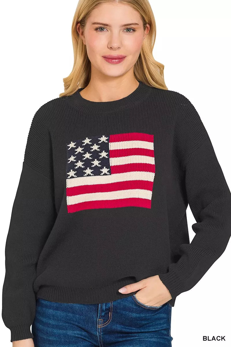 Zenana American Flag Crew Neck Sweater in Black