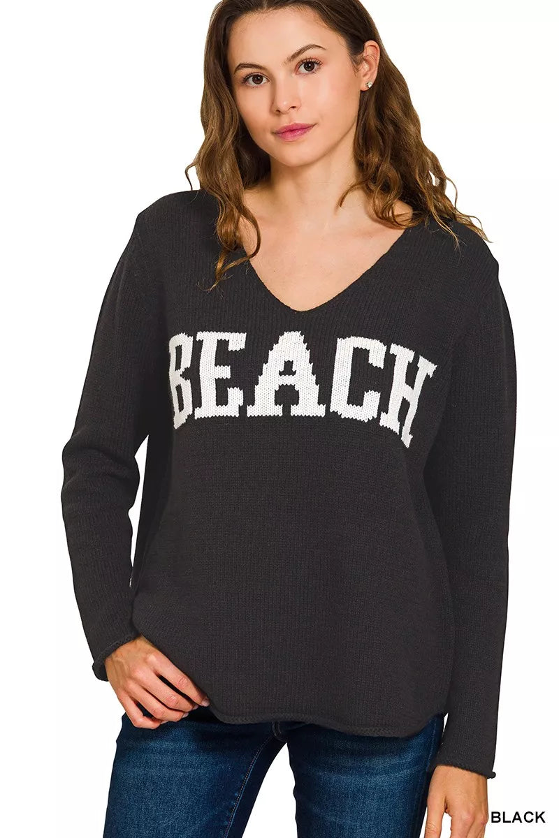 Zenana Beach V Neck Sweater in Black