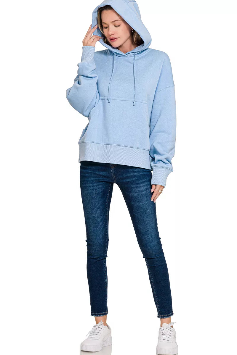 Zenana Oversized Fleece Kangaroo Pocket Hoodie in Blue