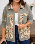 Plus Size Floral Patchwork Corduroy Pocketed Jacket