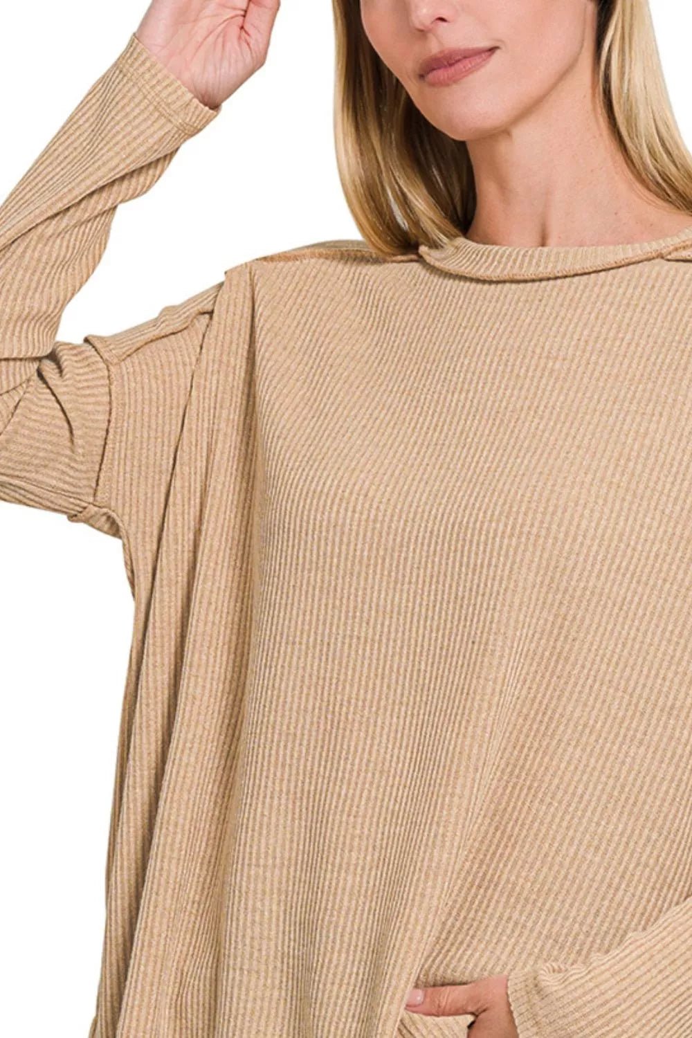 Zenana Ribbed Drop Shoulder Round Neck Sweater in Beige