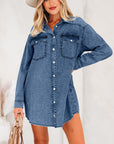 Solid Denim Chest Pocket Raw Hem Shirt Dress