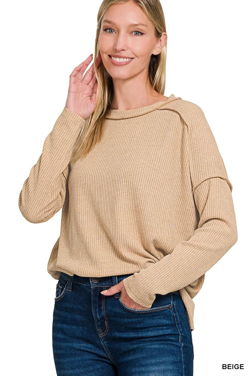 Zenana Ribbed Drop Shoulder Round Neck Sweater in Beige