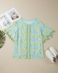 Plus Size Floral Frilled Colorblock Trim Blouse