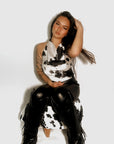 Renee C | Satin Cow Print Cowl Neck Backless Top