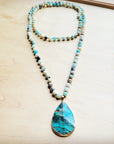 Frosted Amazonite Long Beaded Necklace with Agate Pendant