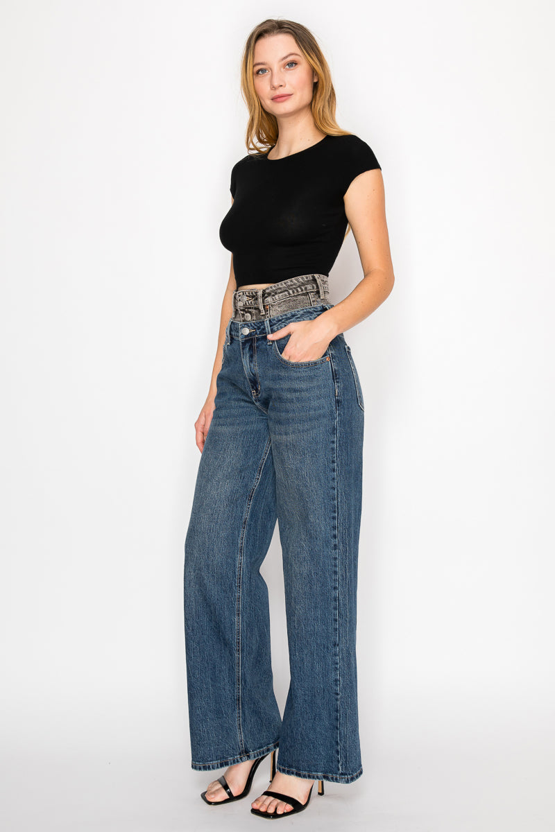 Artemis Vintage |Double Snap On Waistband Layered Ultra High Rise Wide Jeans