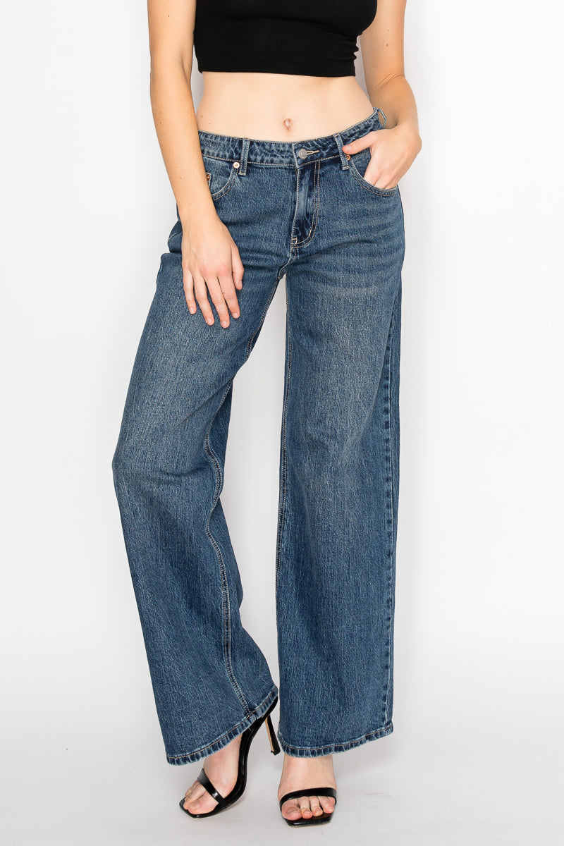 Artemis Vintage |Double Snap On Waistband Layered Ultra High Rise Wide Jeans