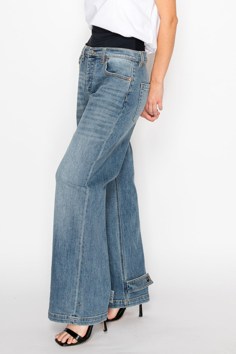 Artemis Vintage |Adjustable Hem Knit Band Wide Leg Jeans