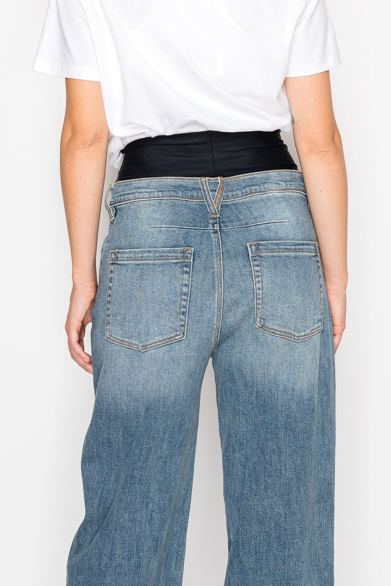 Artemis Vintage |Adjustable Hem Knit Band Wide Leg Jeans