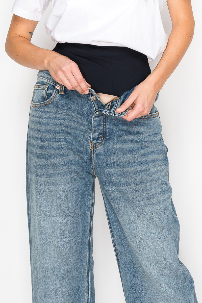 Artemis Vintage |Adjustable Hem Knit Band Wide Leg Jeans