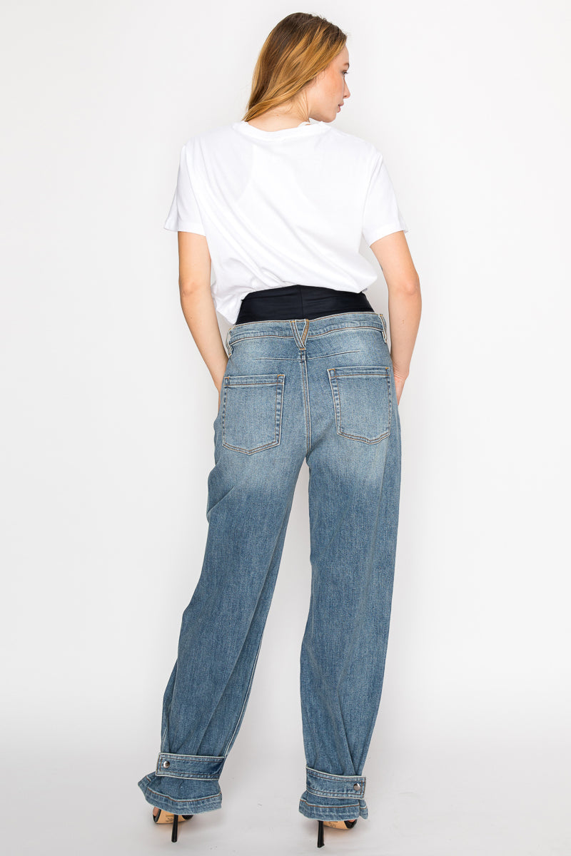 Artemis Vintage |Adjustable Hem Knit Band Wide Leg Jeans