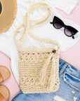 Woven Straw Tassel Accent Crossbody Bag