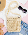 Woven Straw Tassel Accent Crossbody Bag