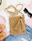 Woven Straw Tassel Accent Crossbody Bag