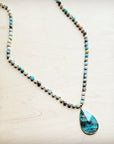 Frosted Amazonite Long Beaded Necklace with Agate Pendant