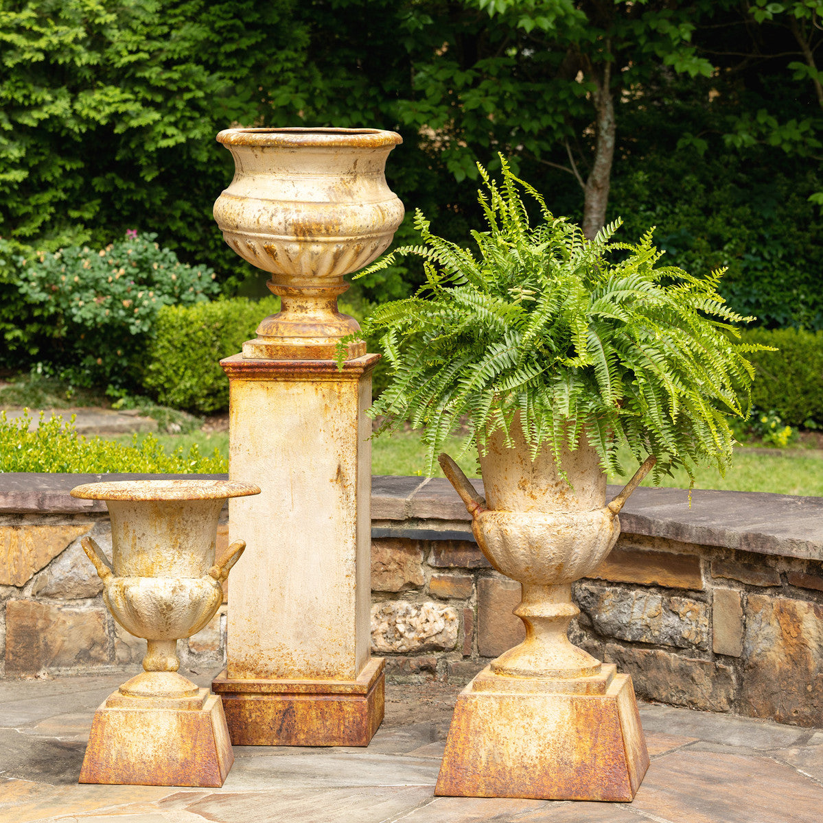 Fluted Metal Urn with Pedestal, 33&quot;