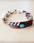 White Chunky Turquoise Beaded Bracelet on Copper Feather 810s