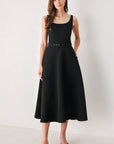 Flying Tomato Jeweled Noir Black Belted Midi Dress