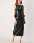 Port Wine High-Rise Faux Leather Midi Skirt
