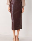 Port Wine High-Rise Faux Leather Midi Skirt