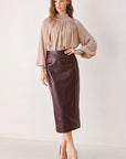 Port Wine High-Rise Faux Leather Midi Skirt