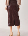 Port Wine High-Rise Faux Leather Midi Skirt