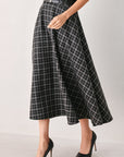 Flying Tomato | Black Plaid Full Midi Skirt