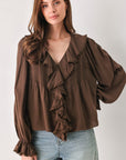 Flying Tomato Earthbound Romance Brown Ruffle Pintuck Blouse