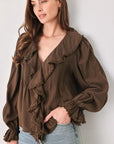 Flying Tomato Earthbound Romance Brown Ruffle Pintuck Blouse