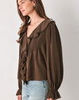 Flying Tomato Earthbound Romance Brown Ruffle Pintuck Blouse
