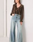 Flying Tomato Earthbound Romance Brown Ruffle Pintuck Blouse