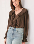 Flying Tomato Earthbound Romance Brown Ruffle Pintuck Blouse