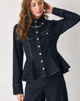Flying Tomato Indigo Icon Chain Detail Peplum Denim Top