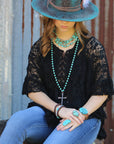Turquoise Long Beaded Necklace with Antique Copper Cross