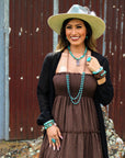 Double Strand Blue Turquoise Beaded Necklace, Leather Tassel