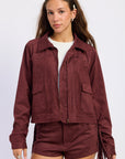 Emory Park | Xenia Wine Faux Suede Cropped Jacket