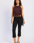 Emory Park Sasha Faux Suede Fringe Halter Top — Black Cherry