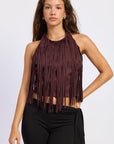 Emory Park Sasha Faux Suede Fringe Halter Top — Black Cherry
