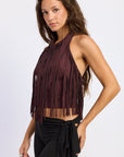 Emory Park Sasha Faux Suede Fringe Halter Top — Black Cherry