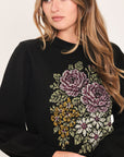 Flying Tomato Cozy All Day Floral Embroidered Balloon Sleeve Sweater