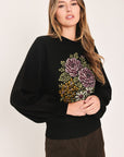 Flying Tomato Cozy All Day Floral Embroidered Balloon Sleeve Sweater
