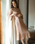 MARJORIE Ruffle Rib Dress, in Camel Brown