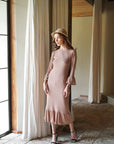 MARJORIE Ruffle Rib Dress, in Camel Brown