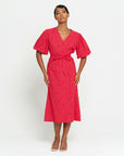 MEGHAN Gingham Hemp Midi Dress In Scarlet Red