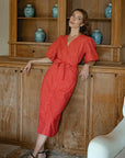 MEGHAN Gingham Hemp Midi Dress In Scarlet Red