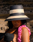 NONA Striped Bucket Palm Straw Hat In Black and Natural - My Pampered Life Seattle