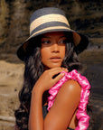 NONA Striped Bucket Palm Straw Hat In Black and Natural - My Pampered Life Seattle