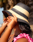 NONA Striped Bucket Palm Straw Hat In Black and Natural - My Pampered Life Seattle