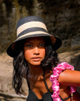 NONA Striped Bucket Palm Straw Hat In Black and Natural - My Pampered Life Seattle